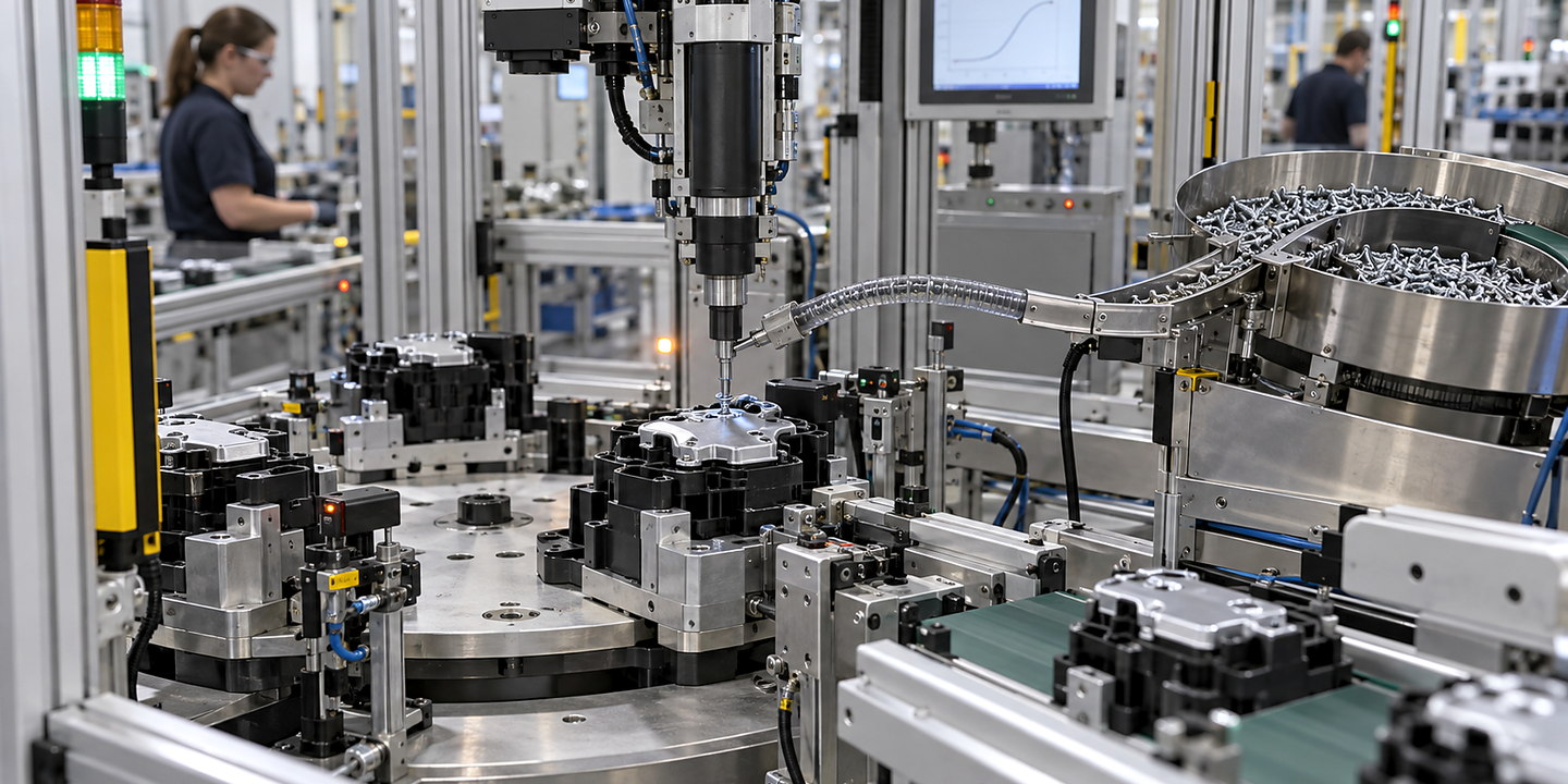 An automated assembly cell driving screws into a located component, with feed hose, spindle, torque trace and operator-safe enclosure visible.